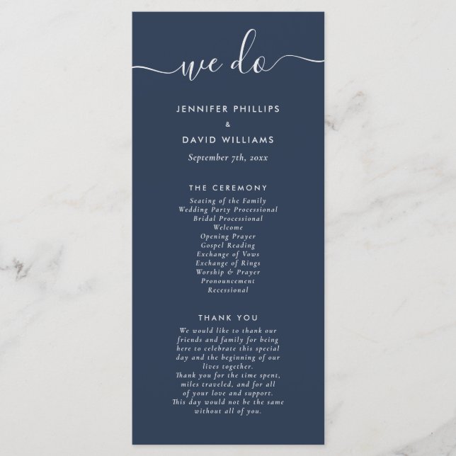 Hochzeit von Navy und Silver Modern Script Programm (Vorderseite)
