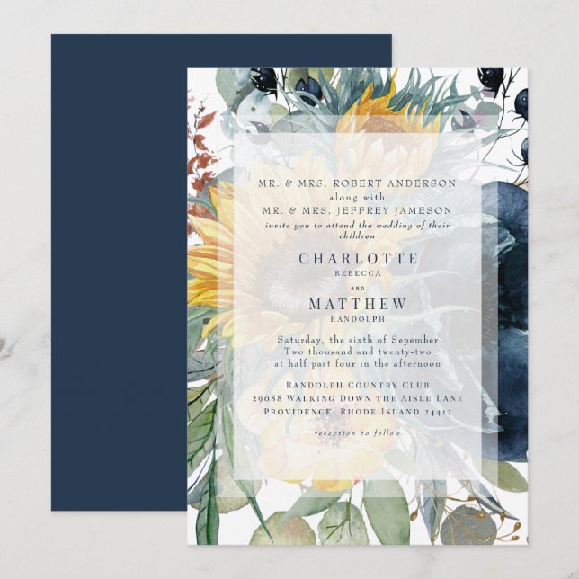 Hochzeit von Navy und Sonnenblumen Einladung (Vorne/Hinten)