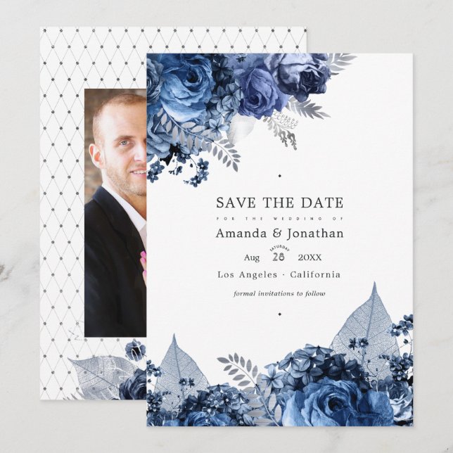 Hochzeit von Navy und Weiß mit Silberfolie Save The Date (Vorne/Hinten)