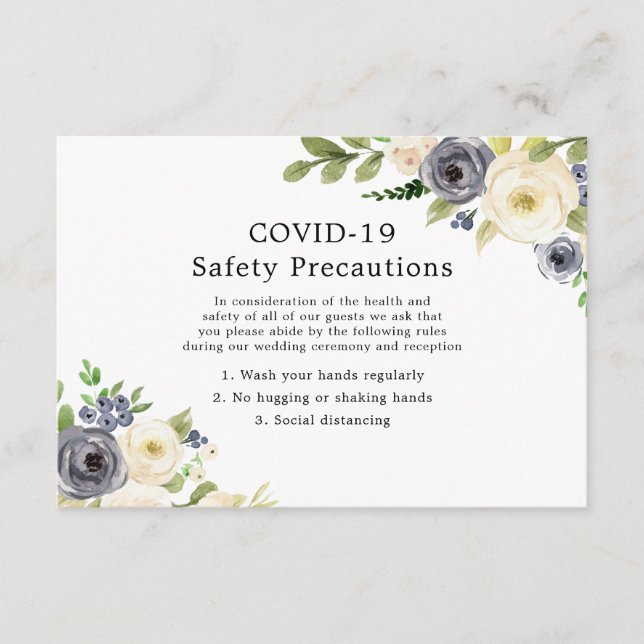 Hochzeit von Navy und White Floral COVID-19 Sicher Begleitkarte (Vorderseite)