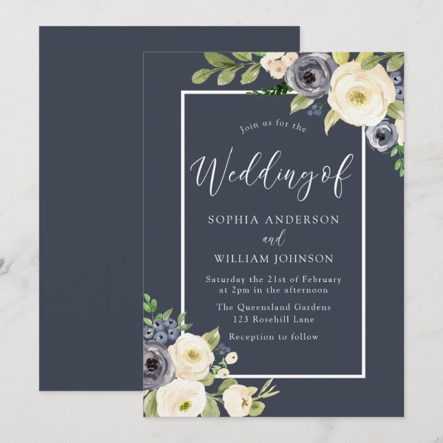 Hochzeit von Navy und White Floral Einladung (Vorne/Hinten)