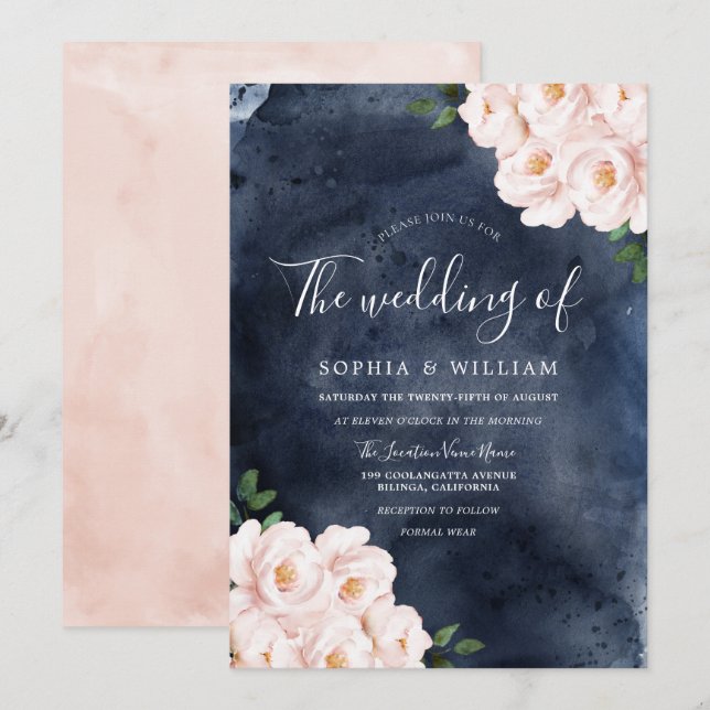 Hochzeit von Navy-Watercolor-Blush-Blume Einladung (Vorne/Hinten)