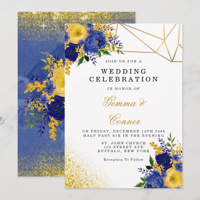 Hochzeit von navy Yellow Painted Floral Gold Einladung (Vorne/Hinten)