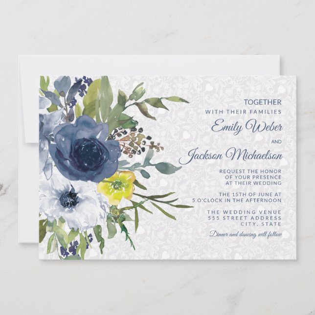Hochzeit von Navy Yellow White Floral and Lace Gar Einladung (Vorderseite)