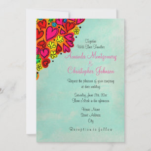 Hochzeit von niedlichen Doodle-Herzen und Blume Einladung