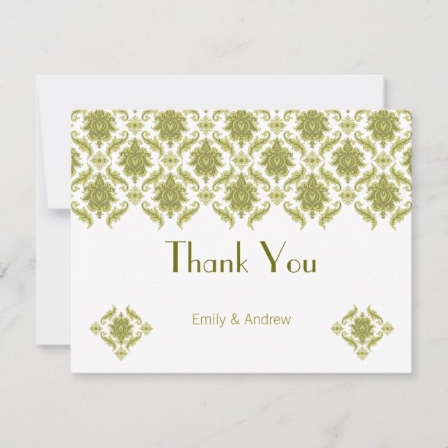 Hochzeit von Olive Green Damask Dankeskarte (Vorderseite)