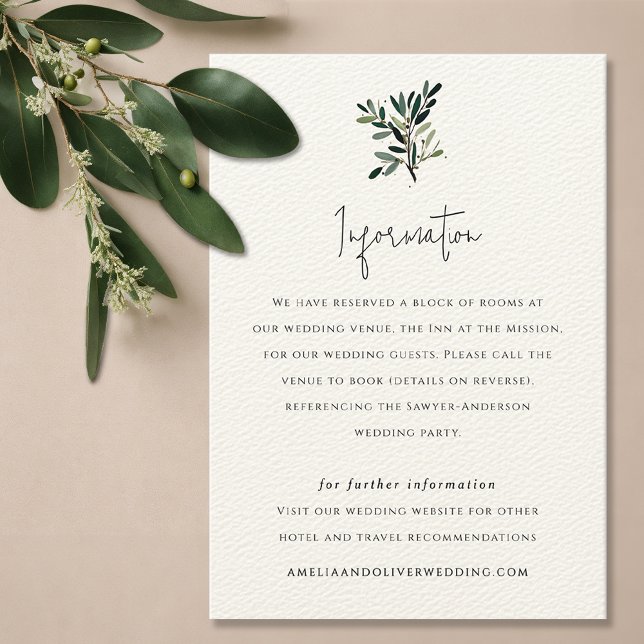 Hochzeit von Olivenbäumen Begleitkarte (Olive tree branch wedding invitation suite enclosure card, information card, hotel details card)