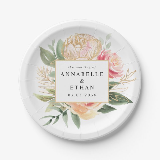 Hochzeit von Peony and Gold Blume Pappteller (Vorderseite)