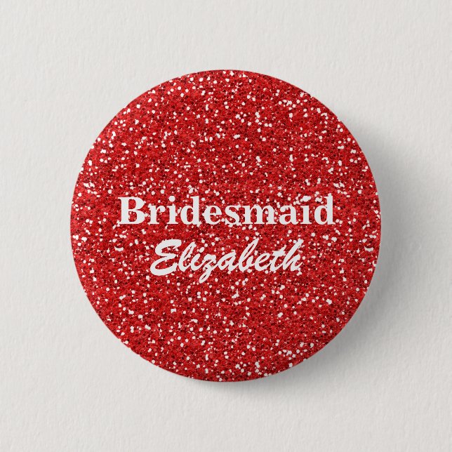 Hochzeit von personalisiert Red Glitzer Bridesmaid Button (Vorderseite)