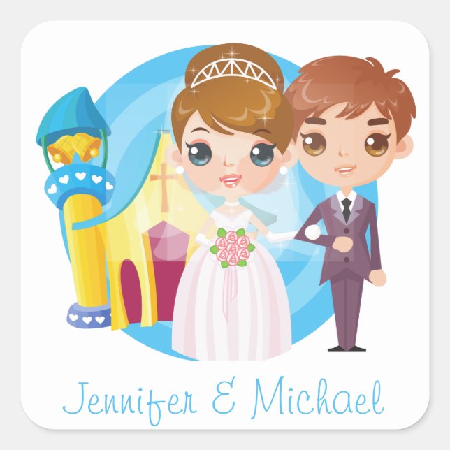 Hochzeit von personalisierten Cartoon und Lieben Quadratischer Aufkleber (Vorderseite)