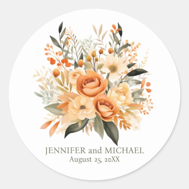 Hochzeit von Pfirsich und Grüner Flora Runder Aufkleber (Vorderseite)