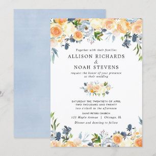 Hochzeit von Pfirsichkorallen und blauen Aquarellf Einladung