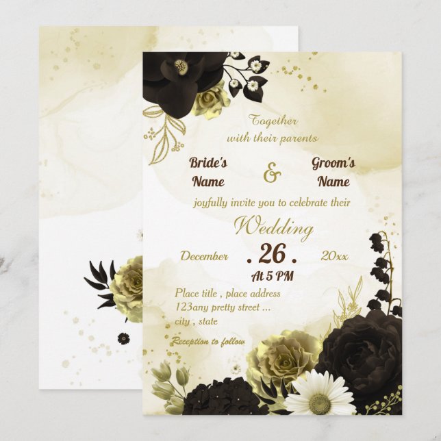 Hochzeit von phantastischen braunen Elfenbeingolde Einladung (Vorne/Hinten)