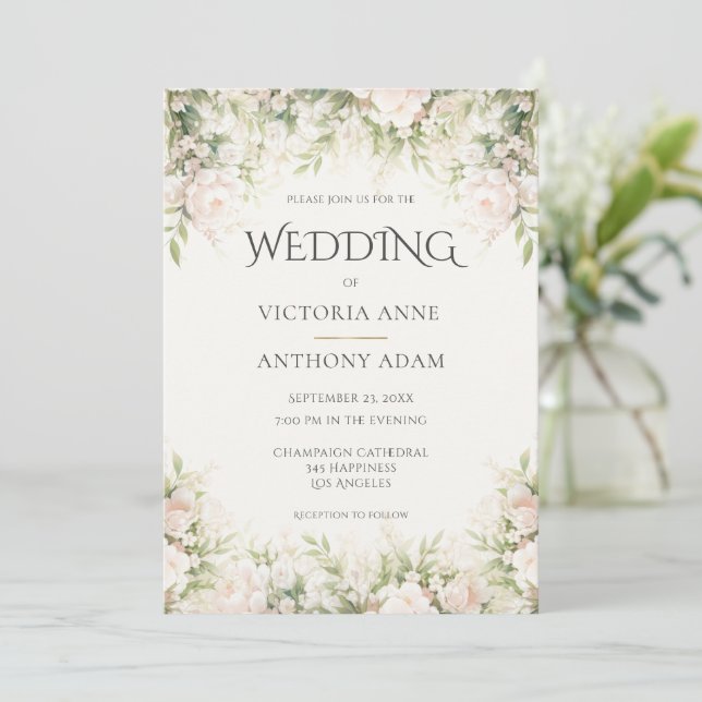 Hochzeit von Pink Floral Peony Einladung (Stehend Vorderseite)