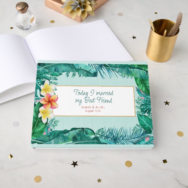 Hochzeit von Plumeria und tropischen grünen Blätte Gästebuch (Vorderseite Offen)