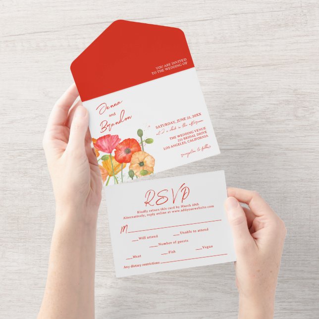 Hochzeit von Poppy Red Blume All In One Einladung (Abreißen)