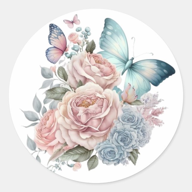 Hochzeit von Punk Peonies und Dusty Blue Butterfli Runder Aufkleber (Vorderseite)