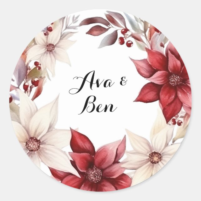 Hochzeit von Red and White Poinsettia Wreath Runder Aufkleber (Vorderseite)