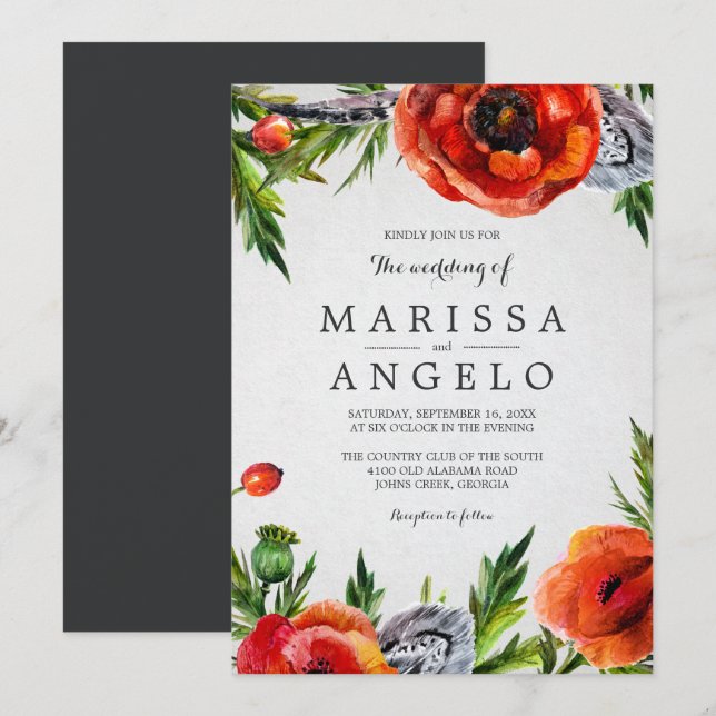 Hochzeit von Red Poppies mit floraler Wasserfarbe  Einladung (Vorne/Hinten)