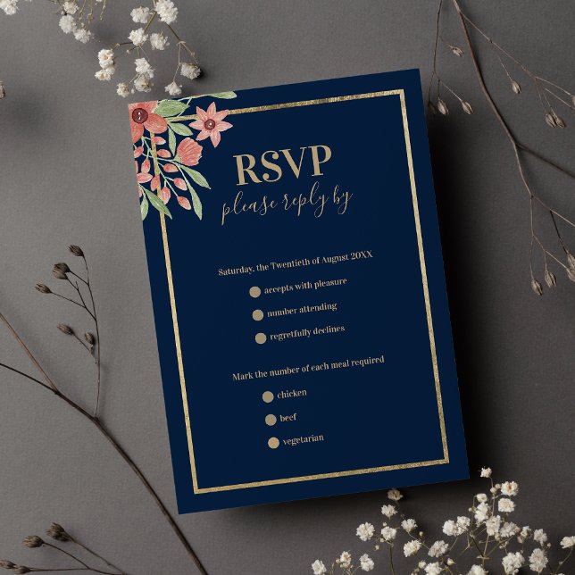 Hochzeit von Rosa-Blütenmeer RSVP Karte (Classy navy blue gold coral pink floral wedding RSVP)