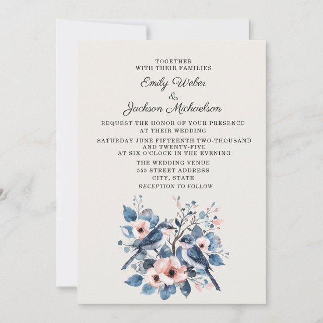 Hochzeit von rosa Blütenvögeln in Navy Einladung (Vorderseite)