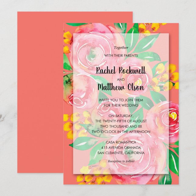 Hochzeit von Rosa Gelbkorallen Einladung (Vorne/Hinten)