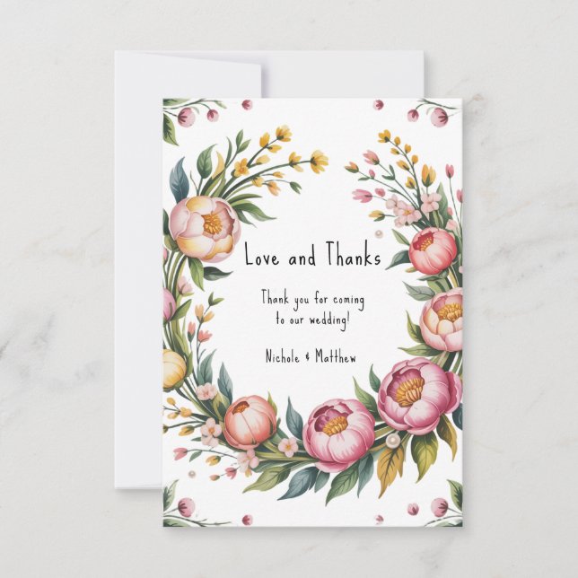 Hochzeit von Rosa Peony und Gelbflora Dankeskarte (Vorderseite)