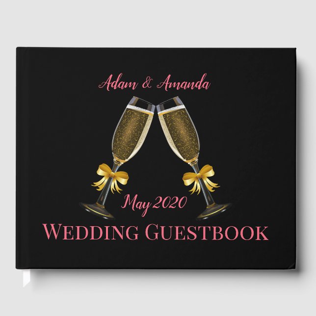 Hochzeit von rosa und schwarzen Champagnerbrillen Gästebuch (Vorderseite)
