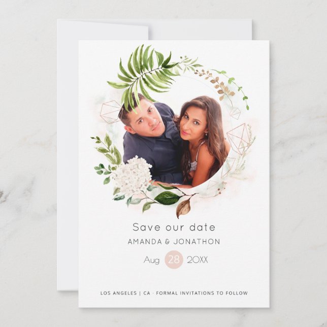 Hochzeit von Rose Gold und Blush Geometric Greener Save The Date (Vorderseite)