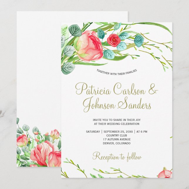 Hochzeit von Rose mit rotem Korallenrot Einladung (Vorne/Hinten)