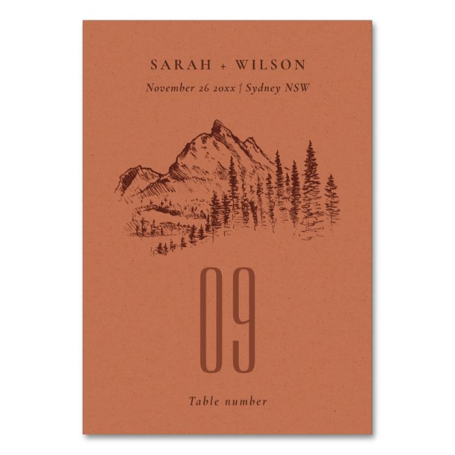 Hochzeit von Rost-Orange-Pine-Wald Tischnummer (Vorderseite)