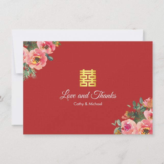 Hochzeit von Roter Ponie mit Blumen und Chinesisch Dankeskarte (Vorderseite)