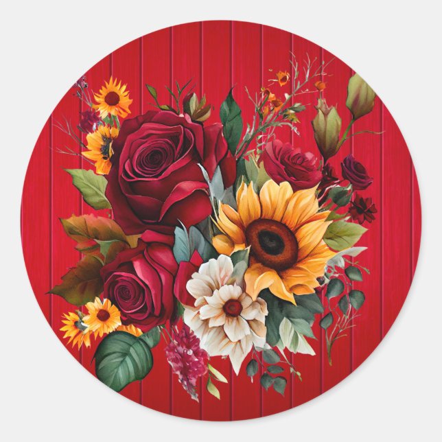 Hochzeit von Rotholz-Rose und Sonnenblumen Runder Aufkleber (Vorderseite)