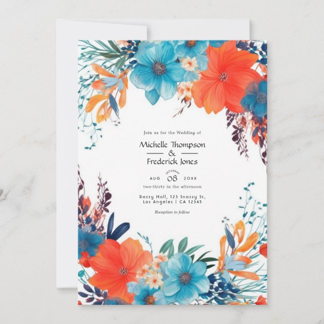 Hochzeit von Royal Blue, Türkis und Korallenflora Einladung (Vorderseite)
