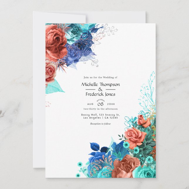 Hochzeit von Royal Blue, Türkis und Korallenflora Einladung (Vorderseite)