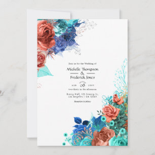 Hochzeit von Royal Blue, Türkis und Korallenflora Einladung