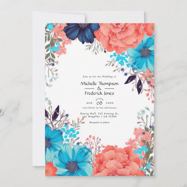 Hochzeit von Royal Blue, Türkis und Korallenflora Einladung (Vorderseite)