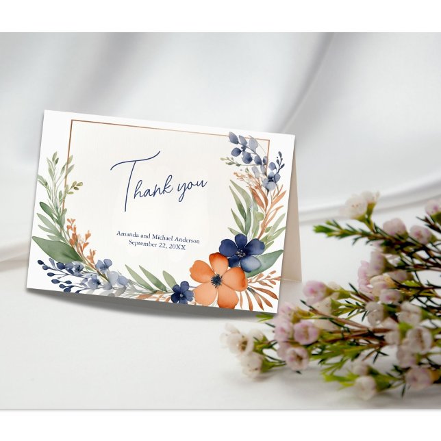 Hochzeit von Rust Orange Blue Green Floral Waterco Dankeskarte (Rust orange blue green watercolor floral wedding or bridal shower thank you card)