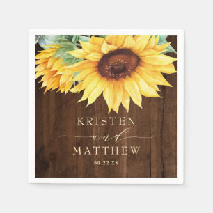 Hochzeit von rustikalem Holz und Sonnenblumen Serviette