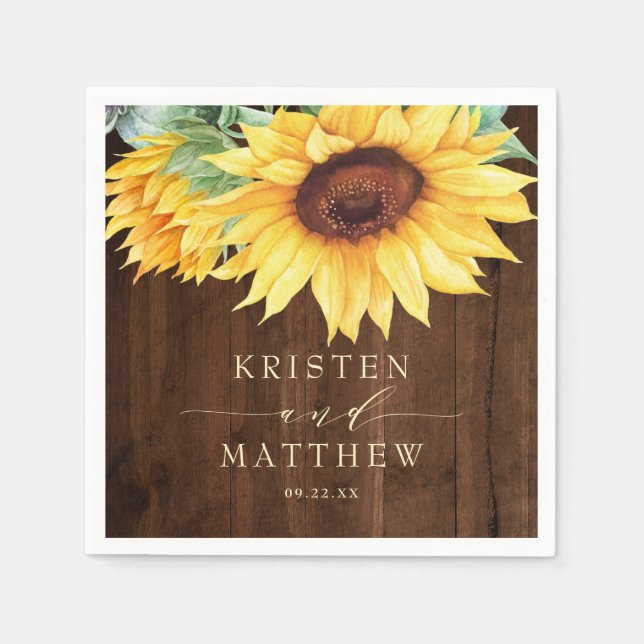 Hochzeit von rustikalem Holz und Sonnenblumen Serviette (Vorderseite)