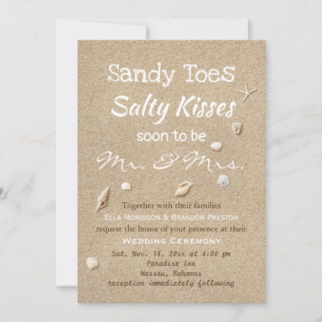 Hochzeit von Sandstrand und weißer Typografie Einladung (Vorderseite)