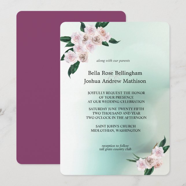 Hochzeit von sanft rosa Rosenblüten Einladung (Vorne/Hinten)
