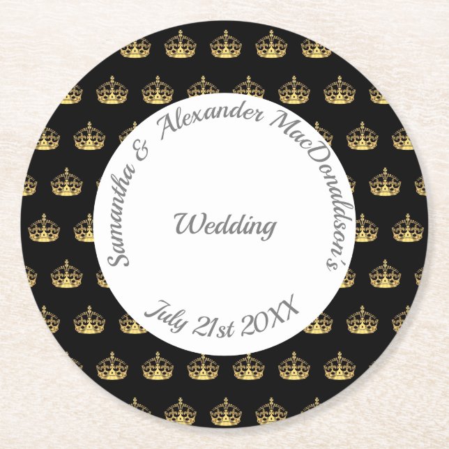 Hochzeit von Schwarz und Gold Runder Pappuntersetzer (Vorderseite)