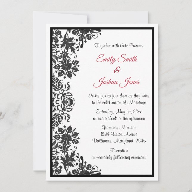 Hochzeit von Schwarz-Weiß-Damast Einladung (Vorderseite)