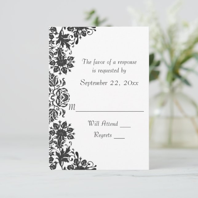 Hochzeit von Schwarz-Weiß-Damast RSVP Karte (Stehend Vorderseite)