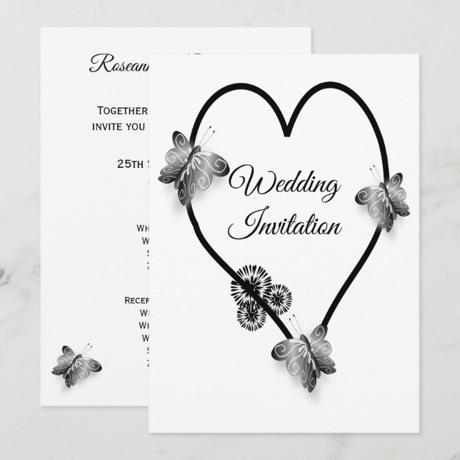 Hochzeit von Schwarz-Weiß-Herz und Schmetterlingen Einladung (Vorne/Hinten)