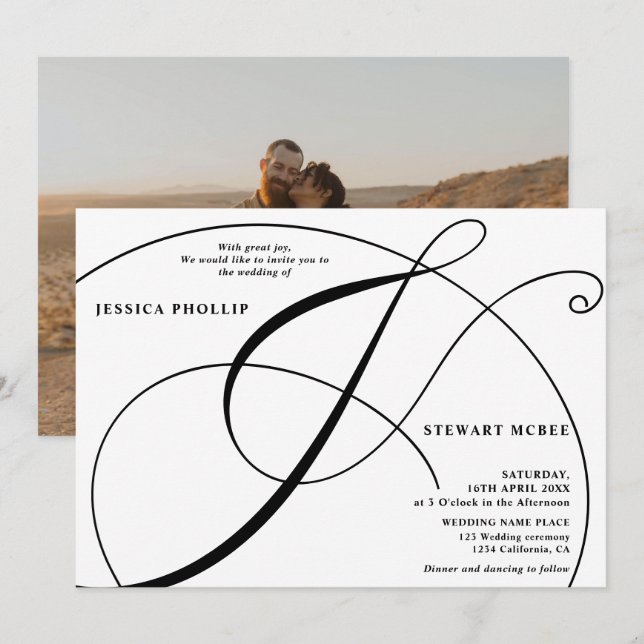Hochzeit von Schwarz-weißem Foto Einladung (Vorne/Hinten)