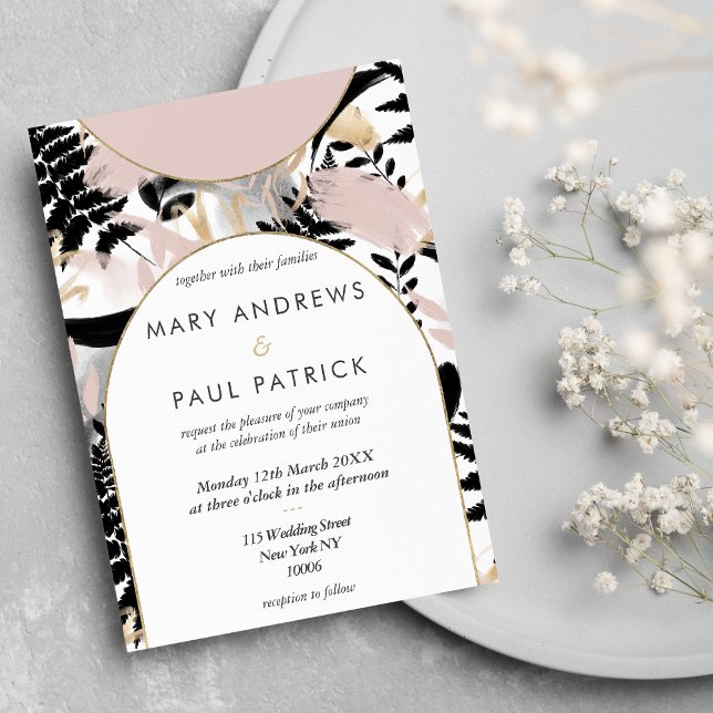 Hochzeit von Schwarz-weißem Goldgold in geometrisc Einladung (Geometric pink black white gold floral Wedding )