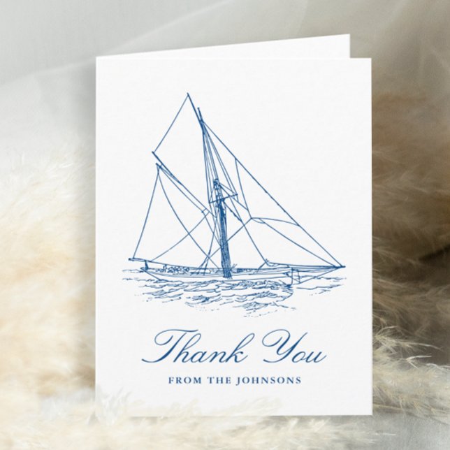 Hochzeit von Seegelboot Navy Dankeskarte (Personalized Sailboat Thank You card for a Navy Blue Elegant Nautical Wedding by Concertina Press)