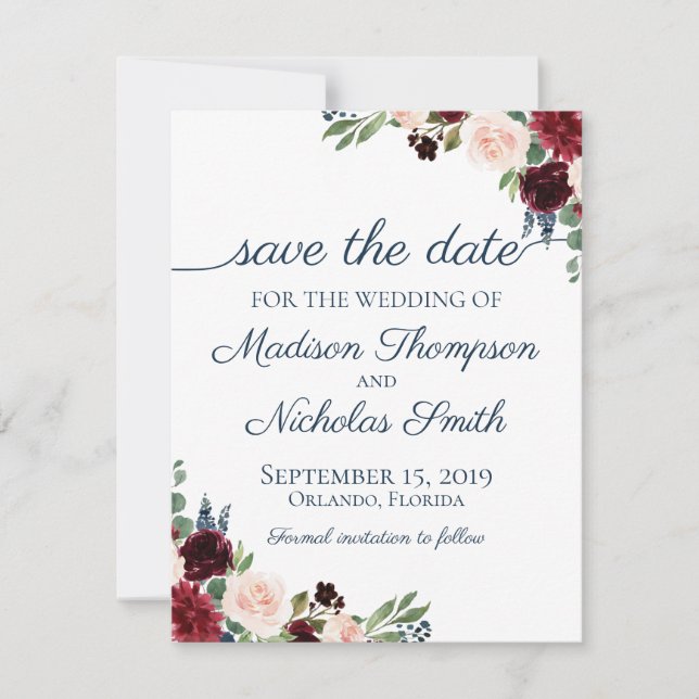 Hochzeit von Seestreitkräften und Marsala Floral:  Save The Date (Vorderseite)